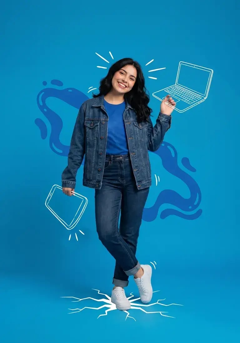 Estudiante con laptop y tablet sobre fondo azul.