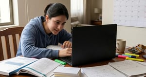 Estudiante trabajando en su computador portátil desde casa, rodeada de libros, cuadernos y materiales de estudio sobre una mesa.