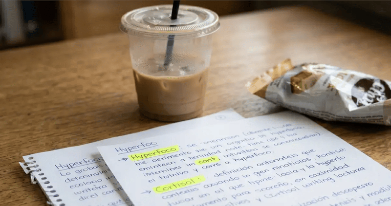 Apuntes de estudio con texto resaltado sobre una mesa, junto a una bebida y materiales de trabajo académico.
