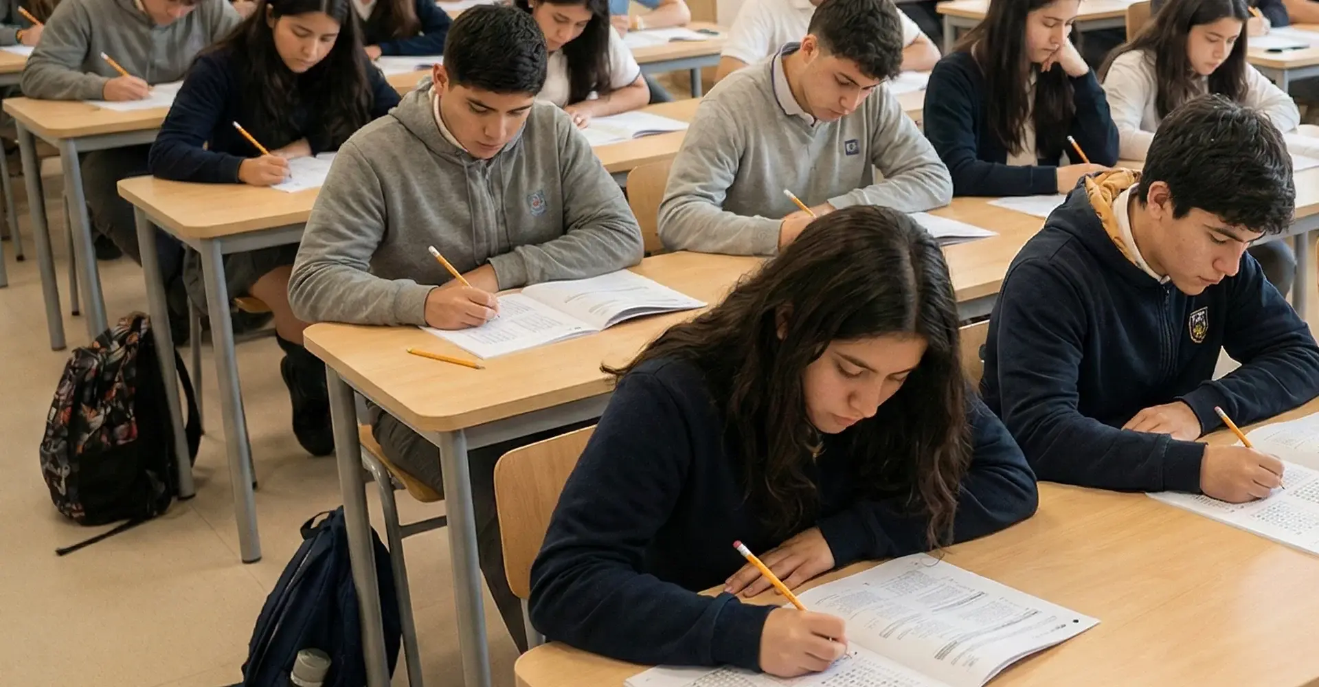 alumnos sumamente concentrados desarrollando su prueba paes