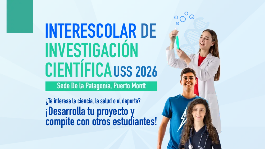 afiche oficial de Interescolar, Tres estudiantes representan distintas áreas de formación: una joven con bata de laboratorio sostiene un tubo de ensayo, una estudiante de salud con estetoscopio y un estudiante de ingeniería con camiseta azul.